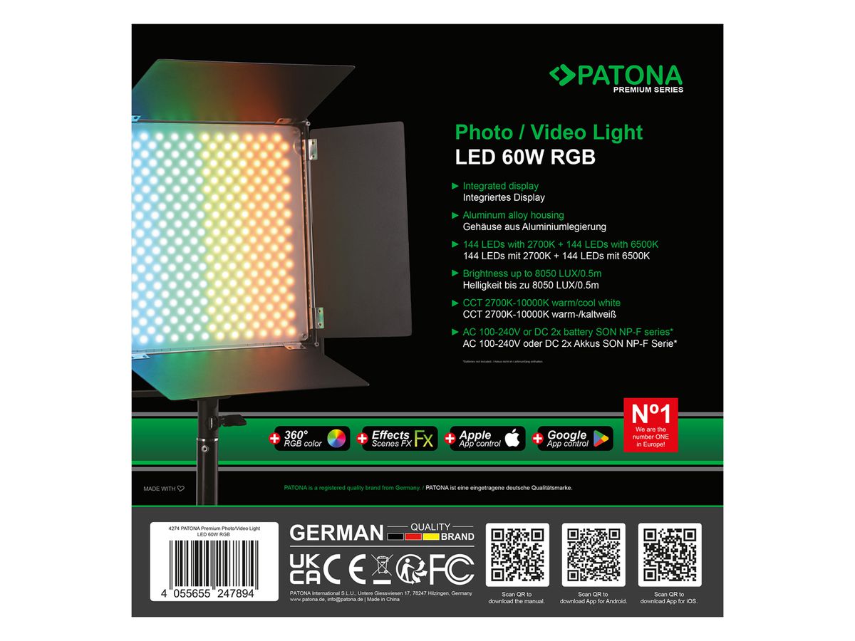 Patona Pro photo video light LED 60W RGB