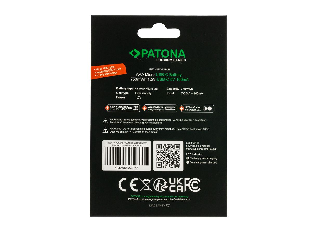 Patona Premium Akku 4x Micro AAA USB-C