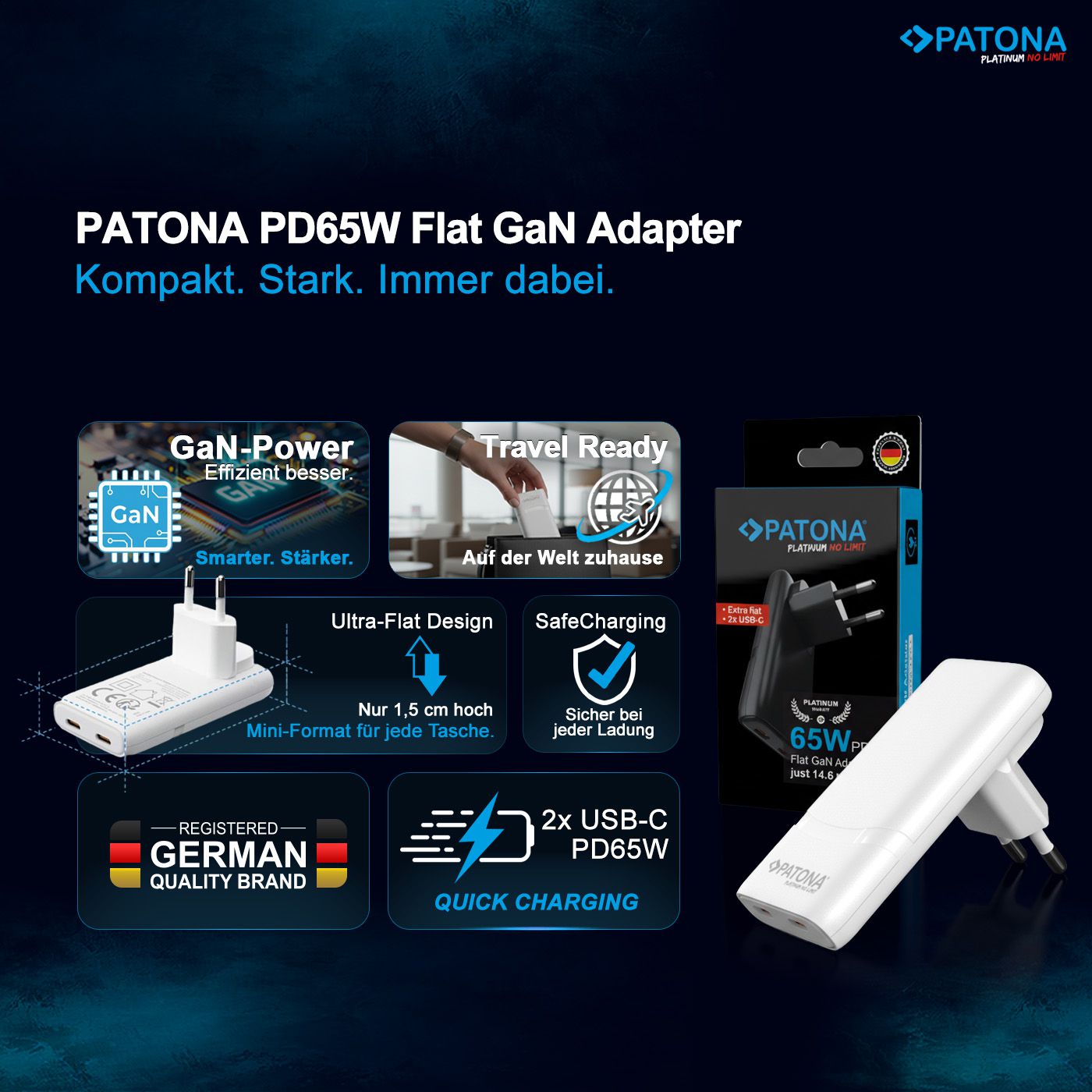 Patona GaN Flat PD 65W 2x USB-C White