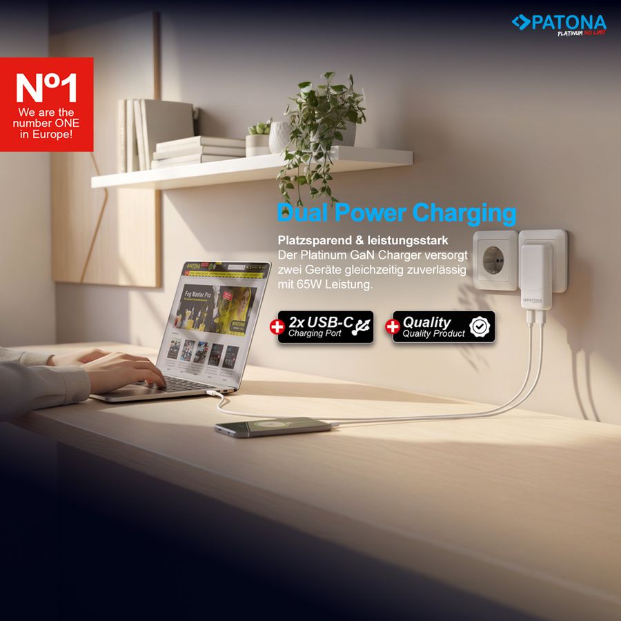 Patona GaN Flat PD 65W 2x USB-C White