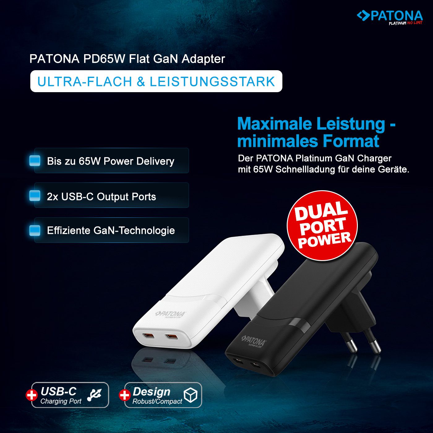 Patona GaN Flat PD 65W 2x USB-C Black