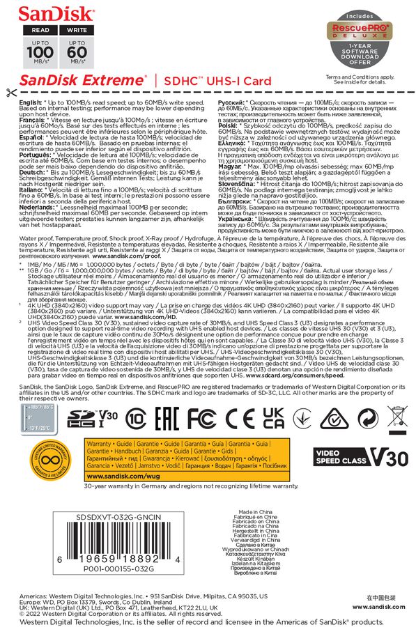 SanDisk Extreme 100MB/s SDHC 32GB V30