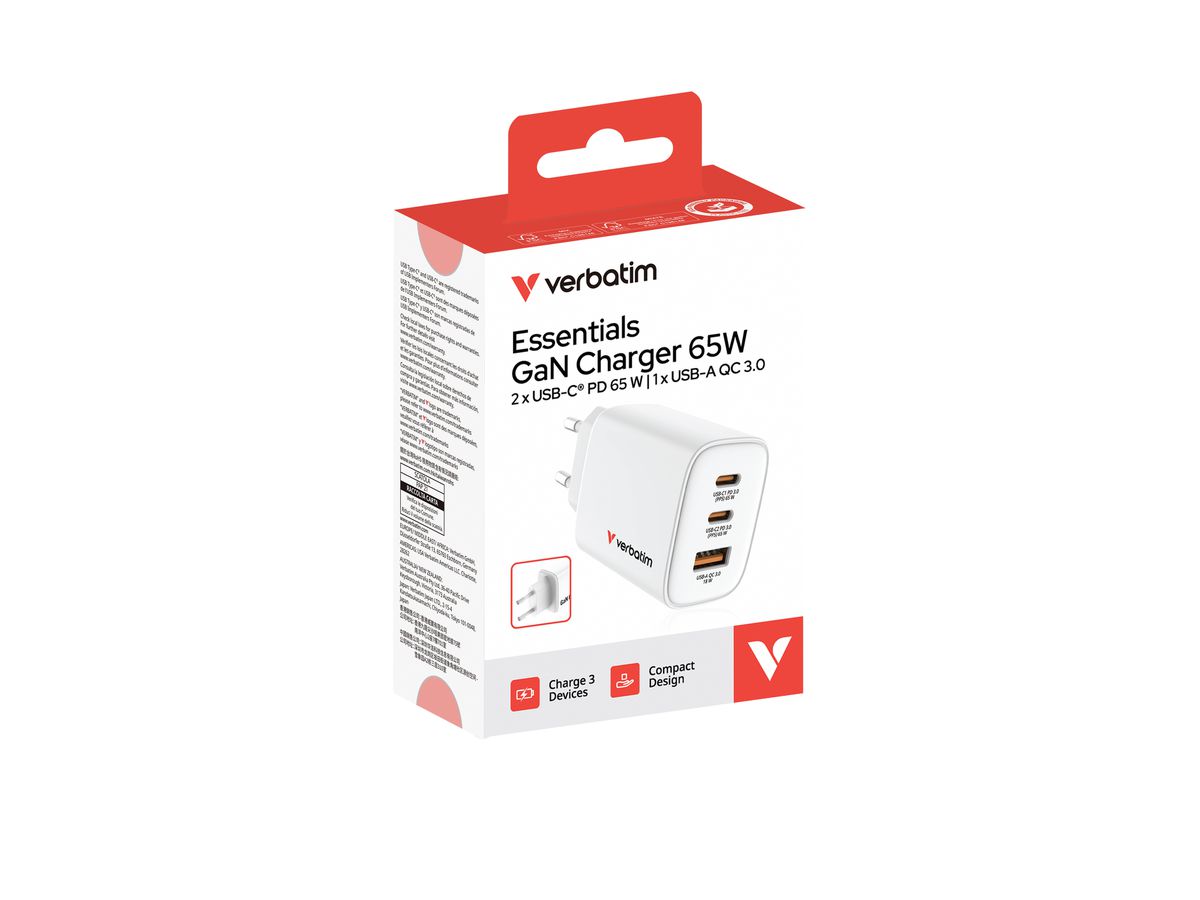 Verbatim GaN 3 Port Charger 65W White